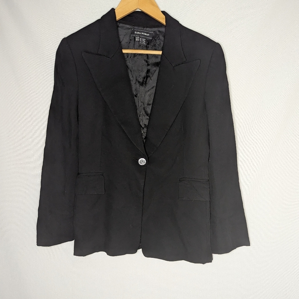 Zara Woman Black Long Sleeve Single Button Blazer Size 6 Wool Blend